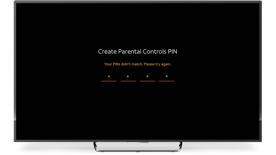 AT&T TV showing a Parental Controls PIN creation error. Screen says Create Parental Controls PIN followed by Your PINs didn't match. Please try again and four asterisks in yellow to denote that there was an error.