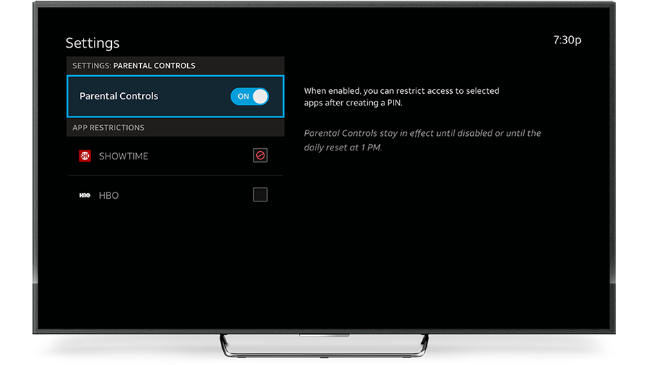 Parental Controls screen showing main toggle for turning Parental Controls on and off, and options to restrict certain access to apps on the platform.
