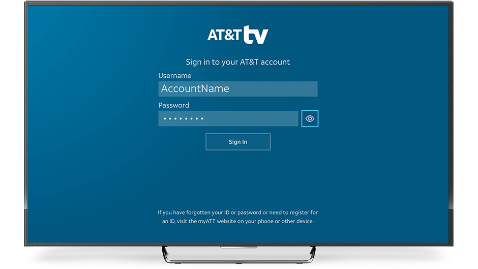 Log-in screen for AT&T TV. Screen shows username field, password field, hide/show password functionality, and sign in button over blue gradient background.