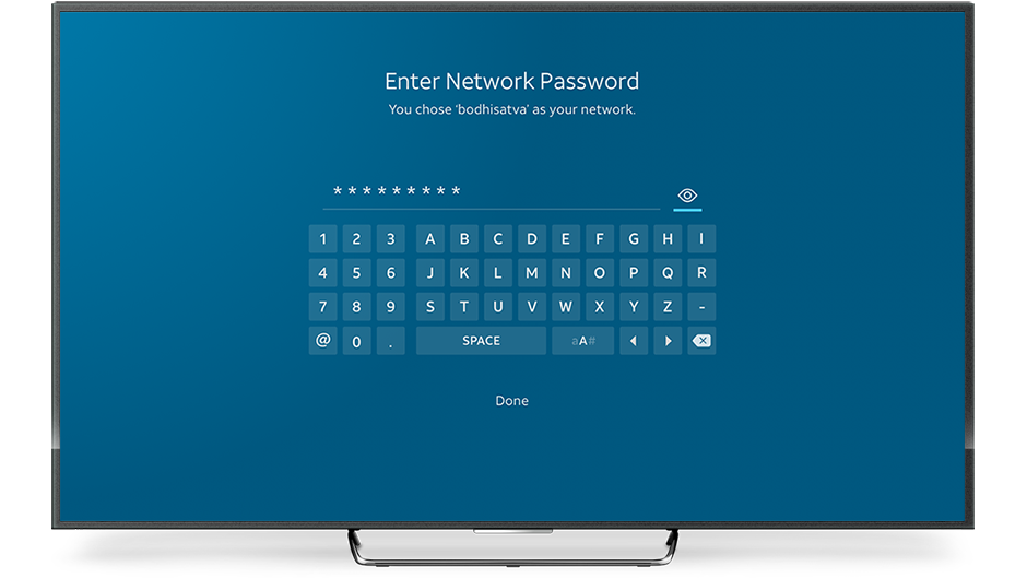 Enter network password screen for AT&T TV showing previously selected Wi-Fi network, password entry field, hide/show password functionality, on-screen keyboard, and done button over blue gradient background.