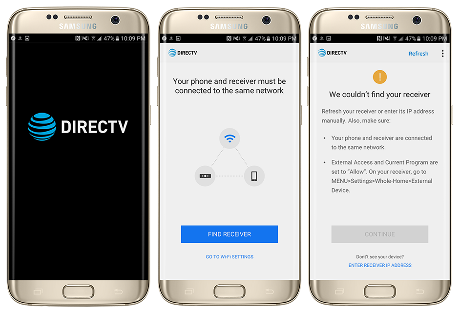 3 screenshots of onboarding for the DIRECTV Remote app showing screens for finding a DIRECTV receiver, selecting a receiver, and an error state when a receiver can't be found.