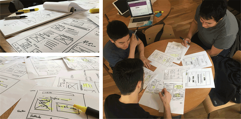 Our team sitting together at a table and sketching interface ideas by hand.