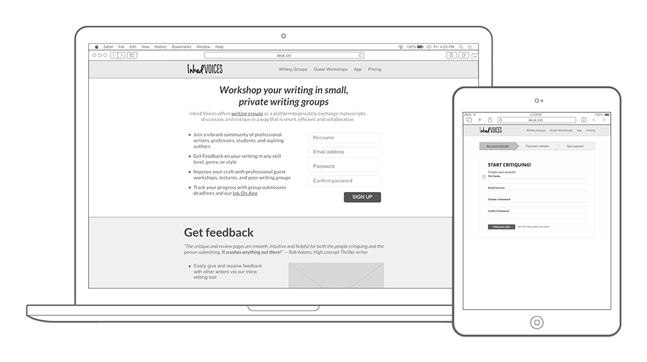 Digital wireframe of proposed sign up pages for Inked Voices' website shown on a MacBook Pro and an iPad. With the proposed design, users can start their sign-up process directly from the home page after reading about the benefits of signing up and access the sign-up flow from other areas of the site.