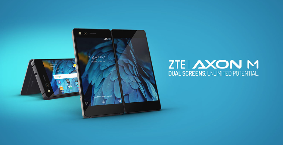 ZTE Axon M dual-screen mobile phone shown against blue background in unfolded state with both screens combining to make one larger screen. In background, phone is shown in partially unfolded state holding itself up like a kickstand with one screen visible. ZTE Axon M logo is shown on right with tagline below that says Dual screens. Unlimited Potential.