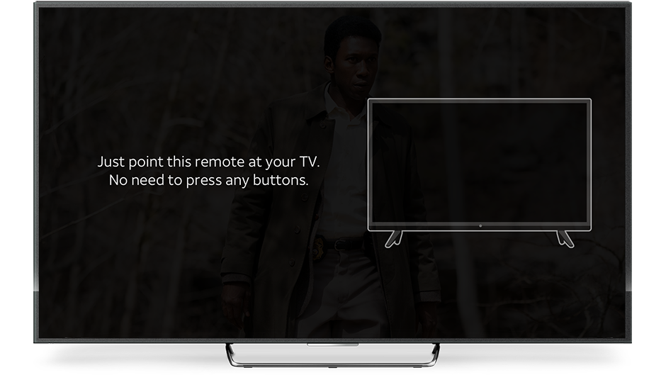 AT&T TV showing the process of programming a remote to control a TV. The screen says Just point this remote at your TV. No need to press any buttons. with illustration of a speaker system. Text on screen reads We weren't able to program your remote for this seaker system. Shows two buttons, Exit and Try Again.