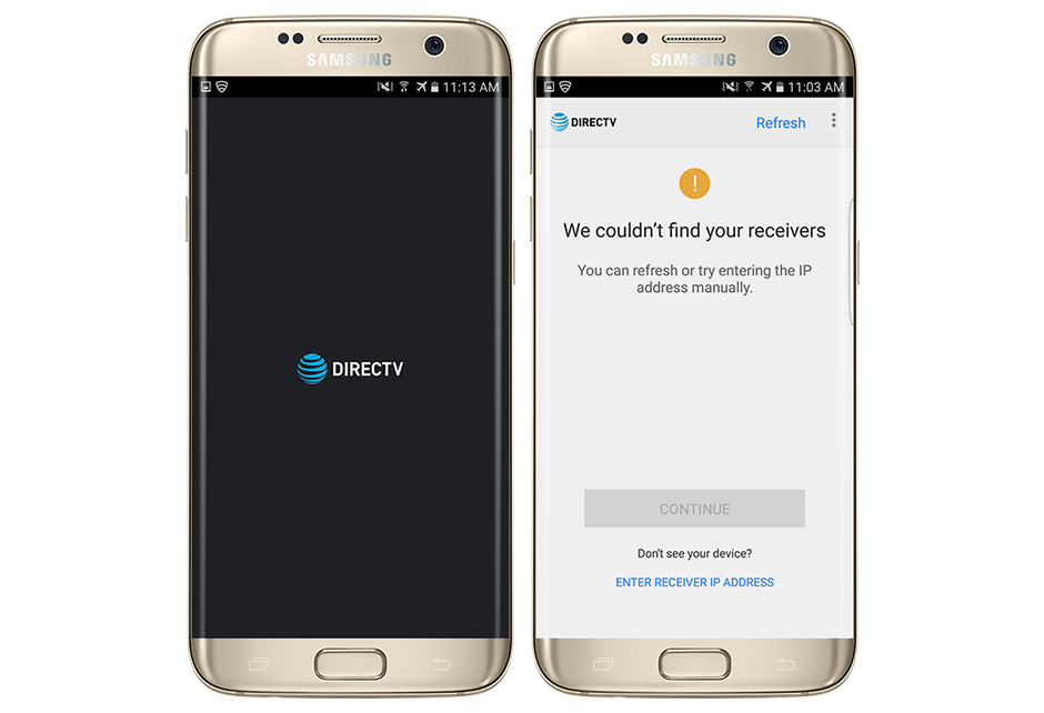 2 screenshots of the older version of the DIRECTV Remote app showing how the app skips straight from the splash screen to an error screen with no info on why it failed to connect to a receiver.