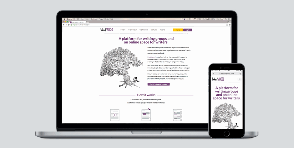 The Inked Voices home page on a MacBook Pro and an iPhone.