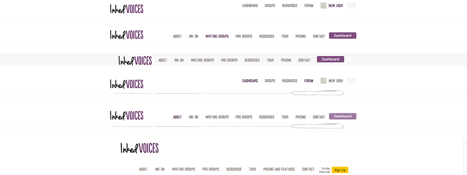 Navigation bars from six of Inked Voices' nonmember pages. Each navigation bar has a different layout, number of page links, and style of buttons. Two of the navigation bars have illustrations of an inkline and pen beneath them.