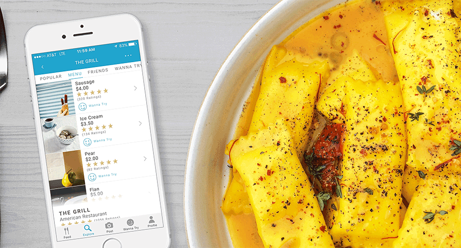 The Wine 'n Dine app shown on an iPhone next to a plate of pasta and a fork. The screen shows the redesigned restaurant menu screen with the restaurant name and dishes. Each dish includes a photo, price, rating out of 5 stars, and ability to save to a list.