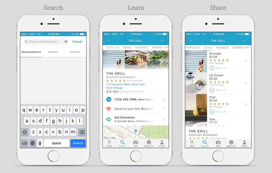 Animated gif showing 3 interactions. Left shows searching for a restaurant and opening the restaurant page, middle shows learning about a restaurant and opening the photo gallery, and right shows navigating from a restaurant menu to the social feed to share a dish.