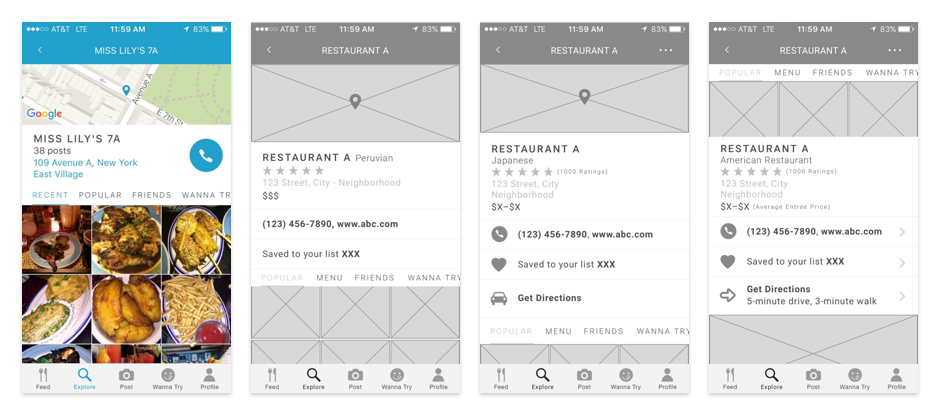 The existing Wine 'n Dine restaurant page is shown on the left followed by 3 wireframes of redesign iterations to the right. The first iteration added a restaurant rating, type of cuisine, contact information, dollar signs to indicate priciness, a menu, and popular photos highlighted in a photo gallery. The second iteration changed the dollar signs to a price range for clarity, added a button to quickly get directions to the restaurant, and included icons to help make the screen easier to scan visually. The third iteration added tips for how far away the restaurant was from the user's location and moved the image gallery to the top of the screen so it wasn't partially cut off at the bottom.