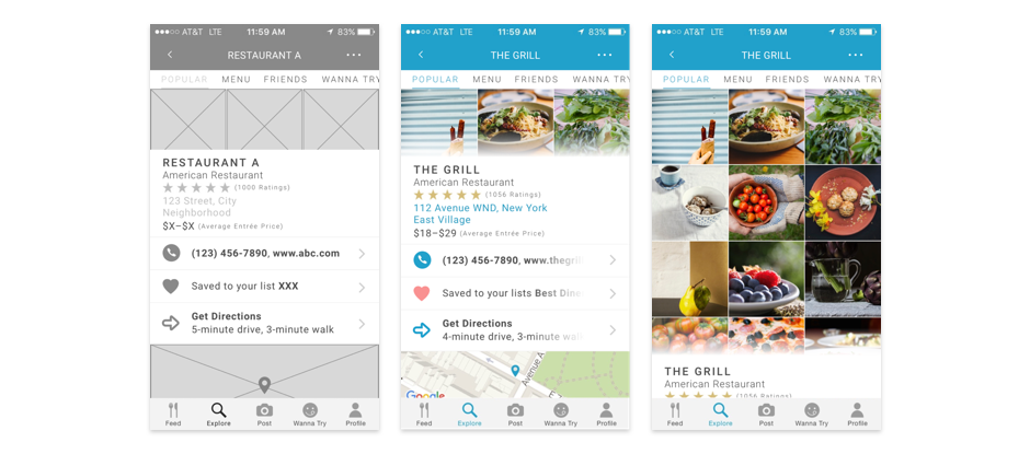 From left to right, a wireframe of the restaurant page redesign, a later iteration of the restuarant page redesign in full UI, and the later iteration in full UI with the information overlay pulled down to reveal the photo gallery behind. A gradient is added to the top edge of the information overlay in the later iteration to more clearly indicate that it is an overlay and not fixed in position.