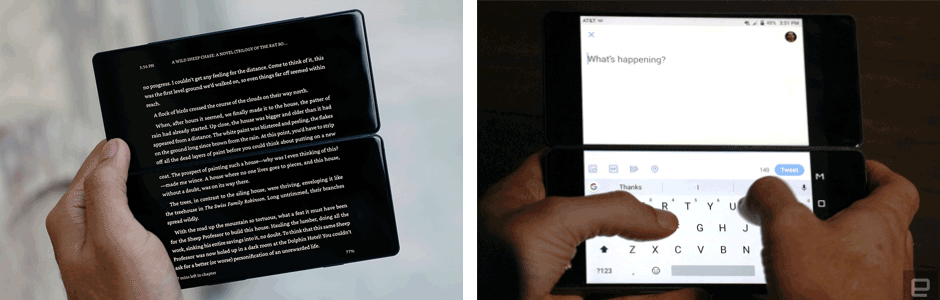 2 photos from Engadget. One showing ZTE Axon M's extended mode with the text from an article flowing across both screens so more text is visible for users at one time, and another showing Twitter with the keyboard on the lower screen and text field on upper screen to show that the on-screen keyboard doesn't cover content.